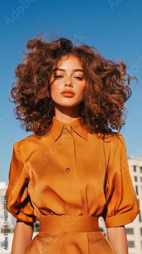Curly Haired Woman in Orange Outfit Poses Against Blue Sky During Sunny Day