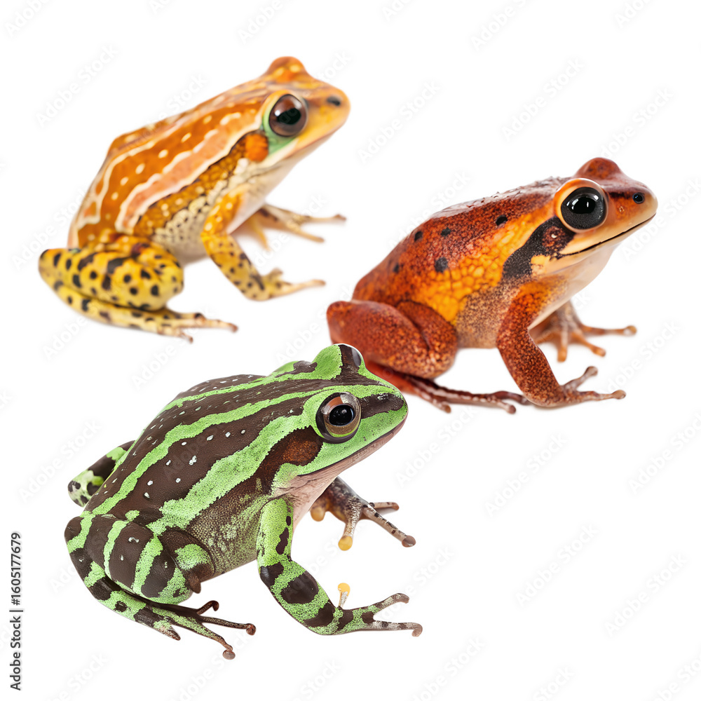 Three colorful frogs on a black background. The frogs include a yellow and black spotted frog, a red and orange frog, and a green striped frog. They are positioned closely together. Three colorful frogs on a black background. The frogs include a yellow and black spotted frog, a red and orange frog, and a green striped frog. They are positioned closely together.