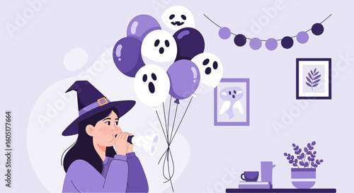Whimsical Witch Announces Halloween with Ghost Balloons and Paper Horn