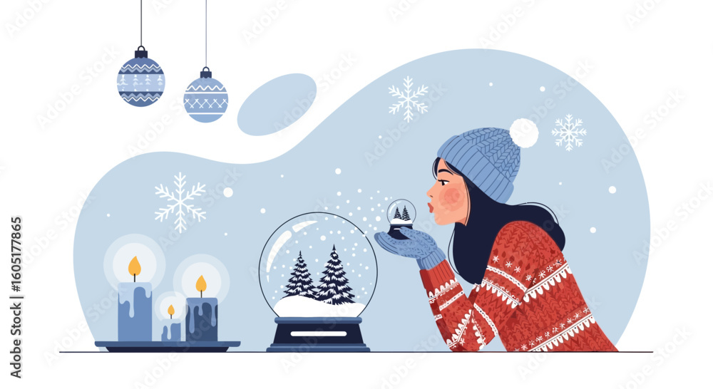 Whimsical Winter Scene Girl Blowing Snow Globe with Festive Decoration