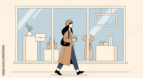 Stylish Woman Enjoying Coffee While Window Shopping in Chic City Setting