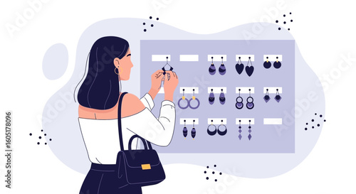 Stylish Woman Examining Handmade Earrings At Boutique Shop And Bag On Shoulder