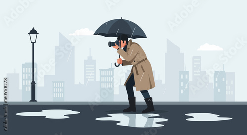 Photographer Capturing Urban Landscape During Rainy Weather Conditions In City