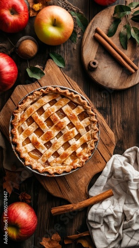 Freshly Baked Apple Pie on Wooden Board Surrounded by Apples and Spices for a...
