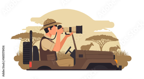 Wildlife Photographer Capturing Animals in Savannah Wilderness From Safari Vehicle
