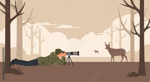 Wildlife Photographer Capturing Deer In Natural Habitat Using Professional Camera