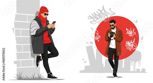 Stylish Young Men Exploring Urban Scenes with Tech and Artistic Flair