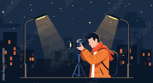 Photographer Capturing Urban Nightscape Under Streetlight With Camera On Tripod