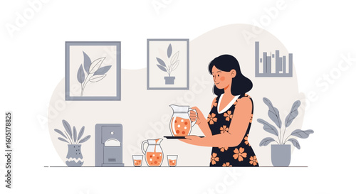 Refreshing Homemade Juice Served By A Woman In A Serene Indoor Setting