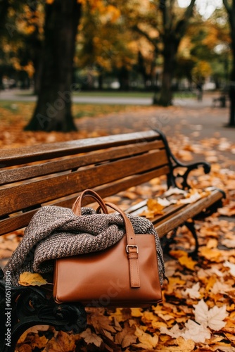 Autumn Leaves and a Cozy Scarf on a Park Bench With a Brown Bag.