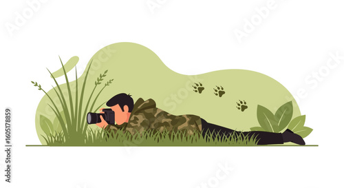 Wildlife Photographer Capturing Nature Moments Lying on the Grass Field