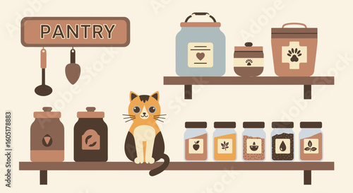 Stylized Pantry Scene Featuring Jars Shelves and Calico Cat Illustration