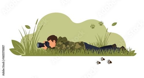 Wildlife Photographer Lying in Grass Capturing Animal Tracks Nature Scene
