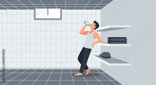 Refreshing Moment Man Enjoying Water After Workout In Tiled Room