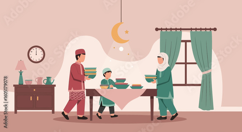 Muslim Family Preparing Iftar Meal Together During Ramadan Illustration