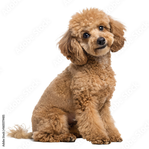A small, fluffy, apricot poodle sits gracefully against a black background. Its curly fur and expressive eyes create an adorable appearance.