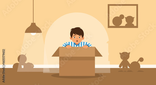 Surprised Young Boy Inside Cardboard Box At Home Playing And Having Fun