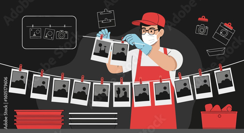 Photographer Hanging Up Black And White Prints During Darkroom Processing