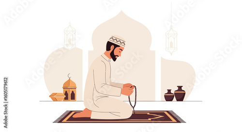 Muslim Man Kneeling In Prayer With Beads Against Mosque Backdrop