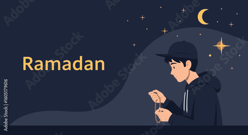 Muslim Man Praying At Night During Ramadan With Tasbih Beads Devotion