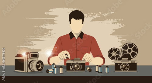 Photographer Handling Film With Classic Cameras In A Retro Styled Graphic