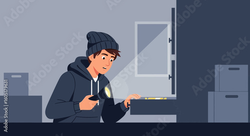 Suspicious Man Secretly Investigating Dark Room Using Flashlight At Night