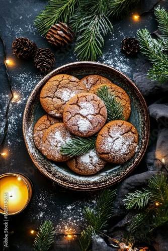 Festive Cookies Decorated With Powdered Sugar on a Plate Among Pinecones and ...