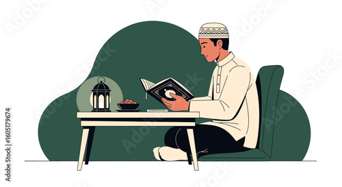 Muslim Man Reading Holy Book During Ramadan Holy Month Illustration