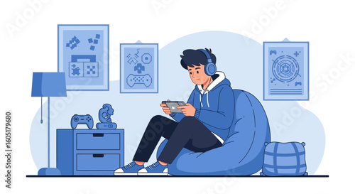 Relaxed Gamer Boy Enjoys Video Games In His Room With His Gadgets and Accessories