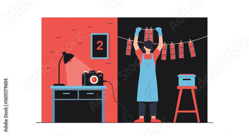 Photographer In Darkroom Developing Film Negatives With Analog Camera Equipments