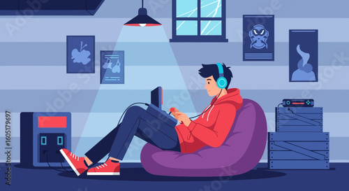 Relaxed Gamer Enjoying Video Games At Home On A Beanbag Chair Illustration