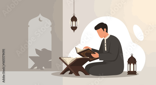 Muslim Man Reads Holy Quran During Ramadan Spiritual Reflection Time