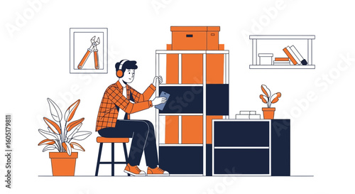 Relaxed Man Arranging Furniture With Music In Living Room Vector Illustration