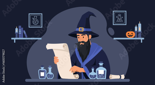 Wizard Concentrating on An Ancient Spell Scroll In His Dark Laboratory