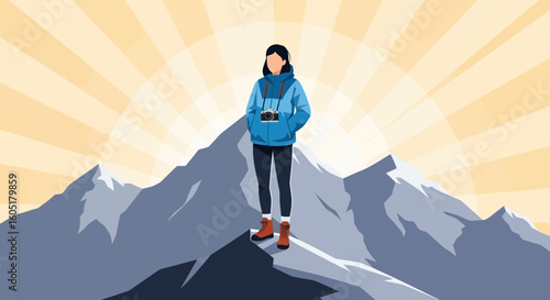 Photographer On Mountain Top Capturing Nature With Inspiring Sunrise