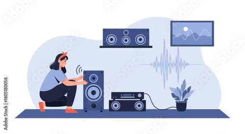 Woman Adjusting HiFi Sound System For Optimal Audio Quality In Home
