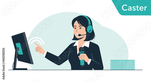 Woman Announcer Presenting News On Tv Show Using Microphone And Touch Screen