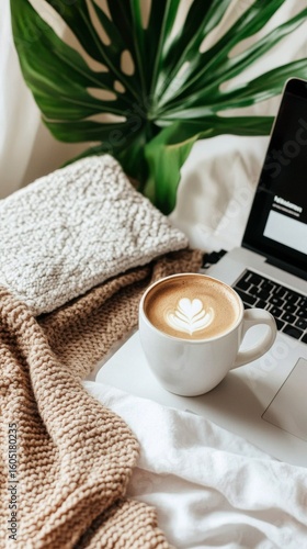 Cozy Workspace Featuring Latte Art, Knitted Blanket, and Greenery by a Laptop...