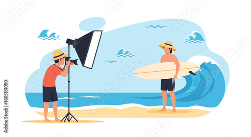 Photographer Taking Photo Of Surfer At The Beach In Summer Season