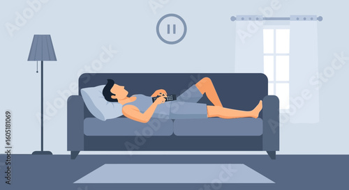 Relaxing At Home: A Man Watches Television On The Couch Illustration