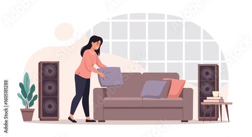 Woman Arranging Cushions In A Comfortable Minimalist Living Room