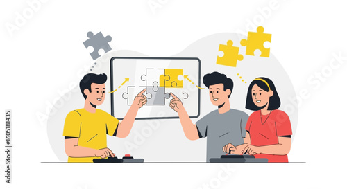 Teamwork Connecting Puzzle Pieces For Business Success And Strategic Planning