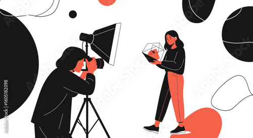 Photography Session With Model Holding Geometric Object In Studio Setting