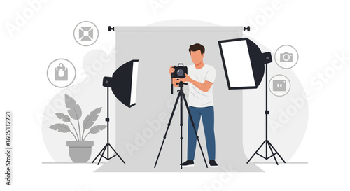 Photography Studio With Photographer Taking Photo By Professional Equipment