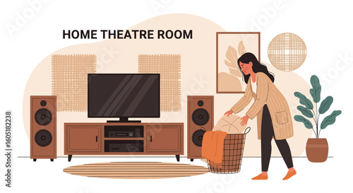 Woman Arranging Pillows In Modern Home Entertainment Room Illustration