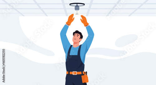 Technician Installs a Fire Sprinkler System in an Office Environment
