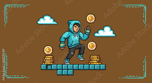 Pixelated Character Adventuring Through A World Full Of Coins And Clouds