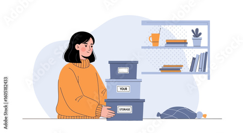 Woman Arranging Storage Boxes In Home Interior Organizing And Decluttering