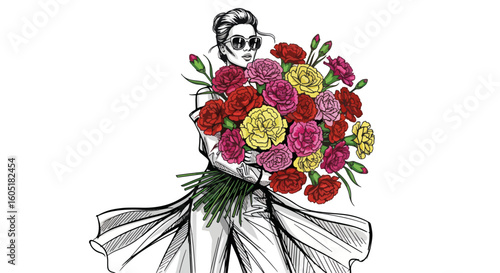 Girl with flowers illustration, a stylish woman elegantly clutching a bouquet. Girl with flowers illustration for chic designs, showcasing the grace and beauty of a fashionable model.