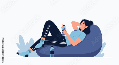 Relaxing Girl On Beanbag Enjoying Music And Refreshing Hydration Concept